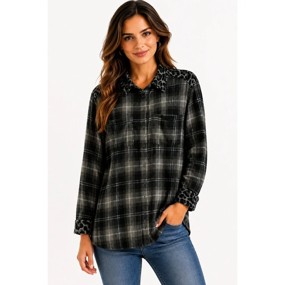 Susan Graver Whimsigoth Corduroy Shirt‎ Women SP Black Plaid Animal Print Trim